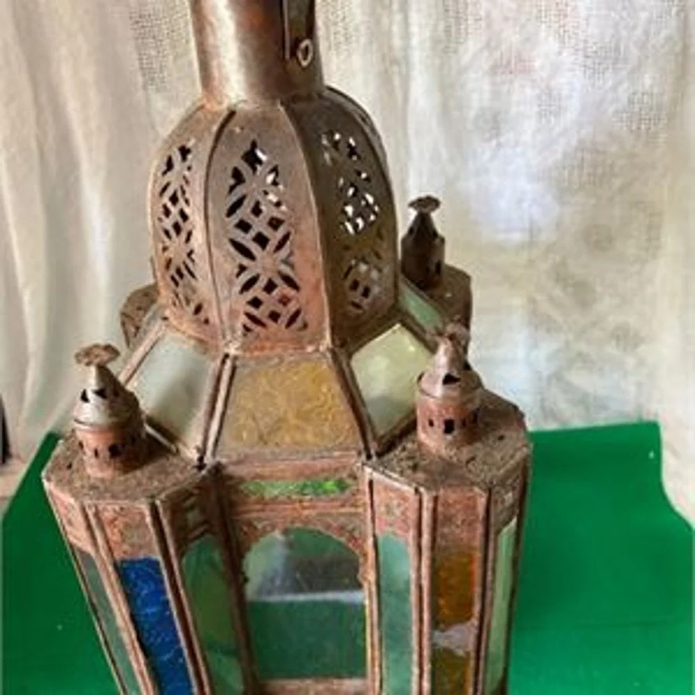 Vintage Moroccan Hanging Lantern Middle Eastern Metal Stained Glass Lamp Antique